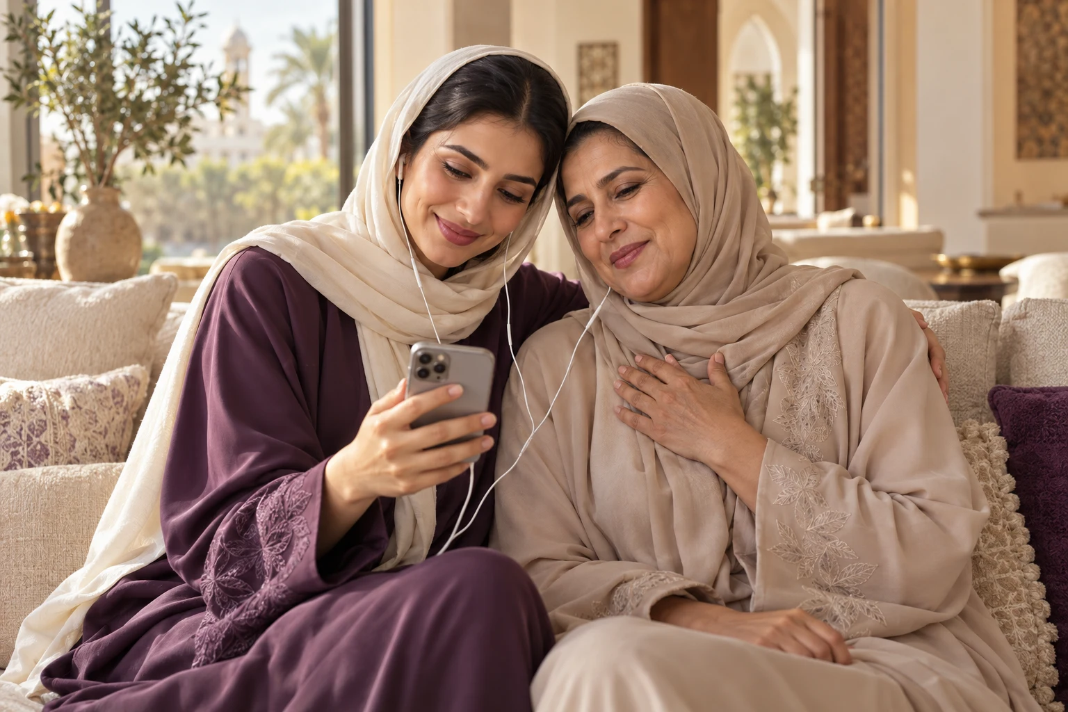 صورة تعبيرية لأم وابنتها تستمعان لإهداء على الهاتف